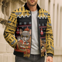 Egypt Christmas Bomber Puffer Jacket with Santa Cat Sleigh Reindeer Christmas Tree and Ancient Hieroglyphic - Wonder Print Shop