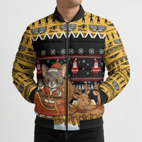 Egypt Christmas Bomber Puffer Jacket with Santa Cat Sleigh Reindeer Christmas Tree and Ancient Hieroglyphic - Wonder Print Shop