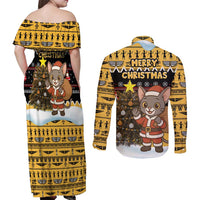 Egypt Christmas Couples Matching Off Shoulder Maxi Dress and Long Sleeve Button Shirt with Santa Cat Sleigh Reindeer Christmas Tree and Ancient Hieroglyphic - Wonder Print Shop