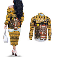Egypt Christmas Couples Matching Off The Shoulder Long Sleeve Dress and Long Sleeve Button Shirt with Santa Cat Sleigh Reindeer Christmas Tree and Ancient Hieroglyphic - Wonder Print Shop