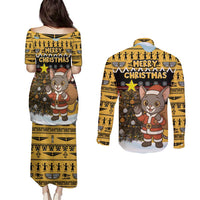 Egypt Christmas Couples Matching Puletasi and Long Sleeve Button Shirt with Santa Cat Sleigh Reindeer Christmas Tree and Ancient Hieroglyphic - Wonder Print Shop