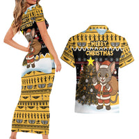Egypt Christmas Couples Matching Short Sleeve Bodycon Dress and Hawaiian Shirt with Santa Cat Sleigh Reindeer Christmas Tree and Ancient Hieroglyphic - Wonder Print Shop