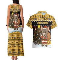 Egypt Christmas Couples Matching Tank Maxi Dress and Hawaiian Shirt with Santa Cat Sleigh Reindeer Christmas Tree and Ancient Hieroglyphic - Wonder Print Shop