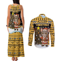 Egypt Christmas Couples Matching Tank Maxi Dress and Long Sleeve Button Shirt with Santa Cat Sleigh Reindeer Christmas Tree and Ancient Hieroglyphic - Wonder Print Shop