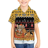 Egypt Christmas Family Matching Off Shoulder Short Dress and Hawaiian Shirt with Santa Cat Sleigh Reindeer Christmas Tree and Ancient Hieroglyphic - Wonder Print Shop