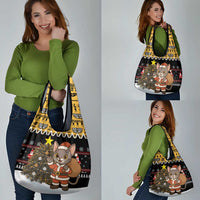Egypt Christmas Grocery Bag with Santa Cat Sleigh Reindeer Christmas Tree and Ancient Hieroglyphic - Wonder Print Shop