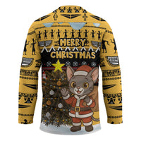 Egypt Christmas Hockey Jersey with Santa Cat Sleigh Reindeer Christmas Tree and Ancient Hieroglyphic - Wonder Print Shop