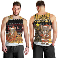 Egypt Christmas Men Tank Top with Santa Cat Sleigh Reindeer Christmas Tree and Ancient Hieroglyphic - Wonder Print Shop