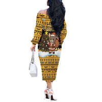 Egypt Christmas Off The Shoulder Long Sleeve Dress with Santa Cat Sleigh Reindeer Christmas Tree and Ancient Hieroglyphic - Wonder Print Shop