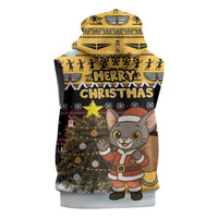 Egypt Christmas Sleeveless Zip Hoodie with Santa Cat Sleigh Reindeer Christmas Tree and Ancient Hieroglyphic - Wonder Print Shop