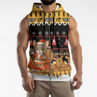 Egypt Christmas Sleeveless Zip Hoodie with Santa Cat Sleigh Reindeer Christmas Tree and Ancient Hieroglyphic - Wonder Print Shop