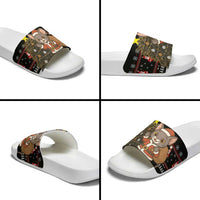 Egypt Christmas Slide Sandals with Santa Cat Sleigh Reindeer Christmas Tree and Ancient Hieroglyphic - Wonder Print Shop