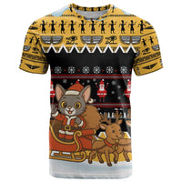 Egypt Christmas T Shirt with Santa Cat Sleigh Reindeer Christmas Tree and Ancient Hieroglyphic - Wonder Print Shop