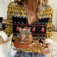 Egypt Christmas Women Casual Shirt with Santa Cat Sleigh Reindeer Christmas Tree and Ancient Hieroglyphic - Wonder Print Shop