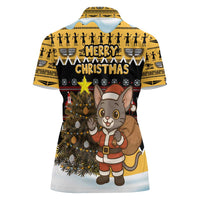 Egypt Christmas Women Polo Shirt with Santa Cat Sleigh Reindeer Christmas Tree and Ancient Hieroglyphic - Wonder Print Shop