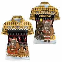 Egypt Christmas Women Polo Shirt with Santa Cat Sleigh Reindeer Christmas Tree and Ancient Hieroglyphic - Wonder Print Shop