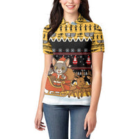 Egypt Christmas Women Polo Shirt with Santa Cat Sleigh Reindeer Christmas Tree and Ancient Hieroglyphic - Wonder Print Shop