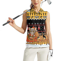 Egypt Christmas Women Sleeveless Polo Shirt with Santa Cat Sleigh Reindeer Christmas Tree and Ancient Hieroglyphic - Wonder Print Shop