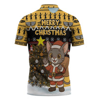 Egypt Christmas Zipper Polo Shirt with Santa Cat Sleigh Reindeer Christmas Tree and Ancient Hieroglyphic - Wonder Print Shop