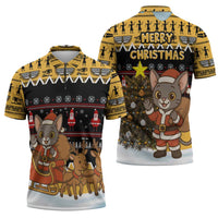 Egypt Christmas Zipper Polo Shirt with Santa Cat Sleigh Reindeer Christmas Tree and Ancient Hieroglyphic - Wonder Print Shop