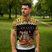 Egypt Christmas Zipper Polo Shirt with Santa Cat Sleigh Reindeer Christmas Tree and Ancient Hieroglyphic - Wonder Print Shop