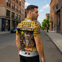 Egypt Christmas Zipper Polo Shirt with Santa Cat Sleigh Reindeer Christmas Tree and Ancient Hieroglyphic - Wonder Print Shop