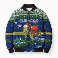 Curacao Christmas Bomber Puffer Jacket with Santa Turtle Ocean Waves Snowflakes and Holiday Gift Design - Wonder Print Shop