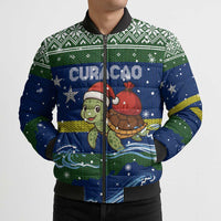 Curacao Christmas Bomber Puffer Jacket with Santa Turtle Ocean Waves Snowflakes and Holiday Gift Design - Wonder Print Shop