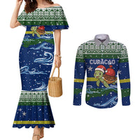 Curacao Christmas Couples Matching Mermaid Dress and Long Sleeve Button Shirt with Santa Turtle Ocean Waves Snowflakes and Holiday Gift Design - Wonder Print Shop