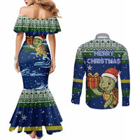 Curacao Christmas Couples Matching Mermaid Dress and Long Sleeve Button Shirt with Santa Turtle Ocean Waves Snowflakes and Holiday Gift Design - Wonder Print Shop