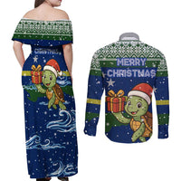 Curacao Christmas Couples Matching Off Shoulder Maxi Dress and Long Sleeve Button Shirt with Santa Turtle Ocean Waves Snowflakes and Holiday Gift Design - Wonder Print Shop