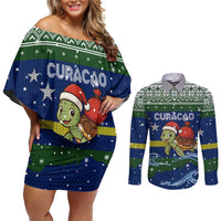 Curacao Christmas Couples Matching Off Shoulder Short Dress and Long Sleeve Button Shirt with Santa Turtle Ocean Waves Snowflakes and Holiday Gift Design - Wonder Print Shop