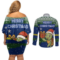 Curacao Christmas Couples Matching Off Shoulder Short Dress and Long Sleeve Button Shirt with Santa Turtle Ocean Waves Snowflakes and Holiday Gift Design - Wonder Print Shop