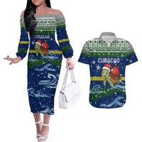 Curacao Christmas Couples Matching Off The Shoulder Long Sleeve Dress and Hawaiian Shirt with Santa Turtle Ocean Waves Snowflakes and Holiday Gift Design - Wonder Print Shop