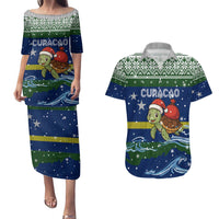 Curacao Christmas Couples Matching Puletasi and Hawaiian Shirt with Santa Turtle Ocean Waves Snowflakes and Holiday Gift Design - Wonder Print Shop