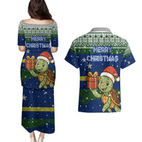 Curacao Christmas Couples Matching Puletasi and Hawaiian Shirt with Santa Turtle Ocean Waves Snowflakes and Holiday Gift Design - Wonder Print Shop