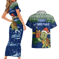 Curacao Christmas Couples Matching Short Sleeve Bodycon Dress and Hawaiian Shirt with Santa Turtle Ocean Waves Snowflakes and Holiday Gift Design - Wonder Print Shop