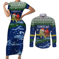 Curacao Christmas Couples Matching Short Sleeve Bodycon Dress and Long Sleeve Button Shirt with Santa Turtle Ocean Waves Snowflakes and Holiday Gift Design - Wonder Print Shop