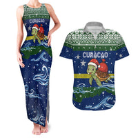 Curacao Christmas Couples Matching Tank Maxi Dress and Hawaiian Shirt with Santa Turtle Ocean Waves Snowflakes and Holiday Gift Design - Wonder Print Shop