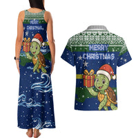 Curacao Christmas Couples Matching Tank Maxi Dress and Hawaiian Shirt with Santa Turtle Ocean Waves Snowflakes and Holiday Gift Design - Wonder Print Shop
