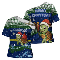 Curacao Christmas Cross Shoulder Shirt with Santa Turtle Ocean Waves Snowflakes and Holiday Gift Design - Wonder Print Shop