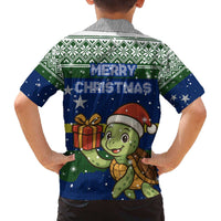 Curacao Christmas Family Matching Off The Shoulder Long Sleeve Dress and Hawaiian Shirt with Santa Turtle Ocean Waves Snowflakes and Holiday Gift Design - Wonder Print Shop