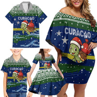 Curacao Christmas Family Matching Off Shoulder Short Dress and Hawaiian Shirt with Santa Turtle Ocean Waves Snowflakes and Holiday Gift Design - Wonder Print Shop
