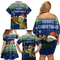 Curacao Christmas Family Matching Off Shoulder Short Dress and Hawaiian Shirt with Santa Turtle Ocean Waves Snowflakes and Holiday Gift Design - Wonder Print Shop
