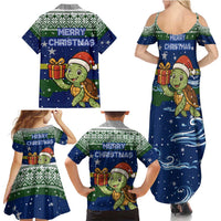 Curacao Christmas Family Matching Summer Maxi Dress and Hawaiian Shirt with Santa Turtle Ocean Waves Snowflakes and Holiday Gift Design - Wonder Print Shop