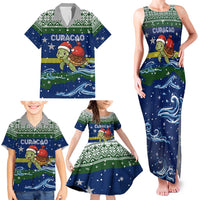 Curacao Christmas Family Matching Tank Maxi Dress and Hawaiian Shirt with Santa Turtle Ocean Waves Snowflakes and Holiday Gift Design - Wonder Print Shop