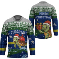 Curacao Christmas Hockey Jersey with Santa Turtle Ocean Waves Snowflakes and Holiday Gift Design - Wonder Print Shop