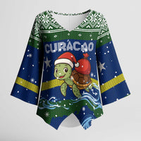 Curacao Christmas Kimono Sleeve Blouse with Santa Turtle Ocean Waves Snowflakes and Holiday Gift Design - Wonder Print Shop
