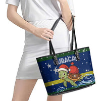 Curacao Christmas Leather Tote Bag with Santa Turtle Ocean Waves Snowflakes and Holiday Gift Design - Wonder Print Shop
