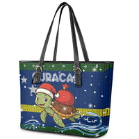 Curacao Christmas Leather Tote Bag with Santa Turtle Ocean Waves Snowflakes and Holiday Gift Design - Wonder Print Shop